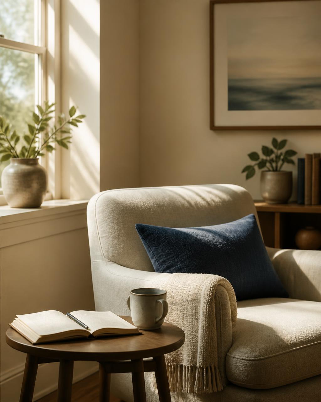 Warm sunlit therapy office corner with an armchair and open notebook